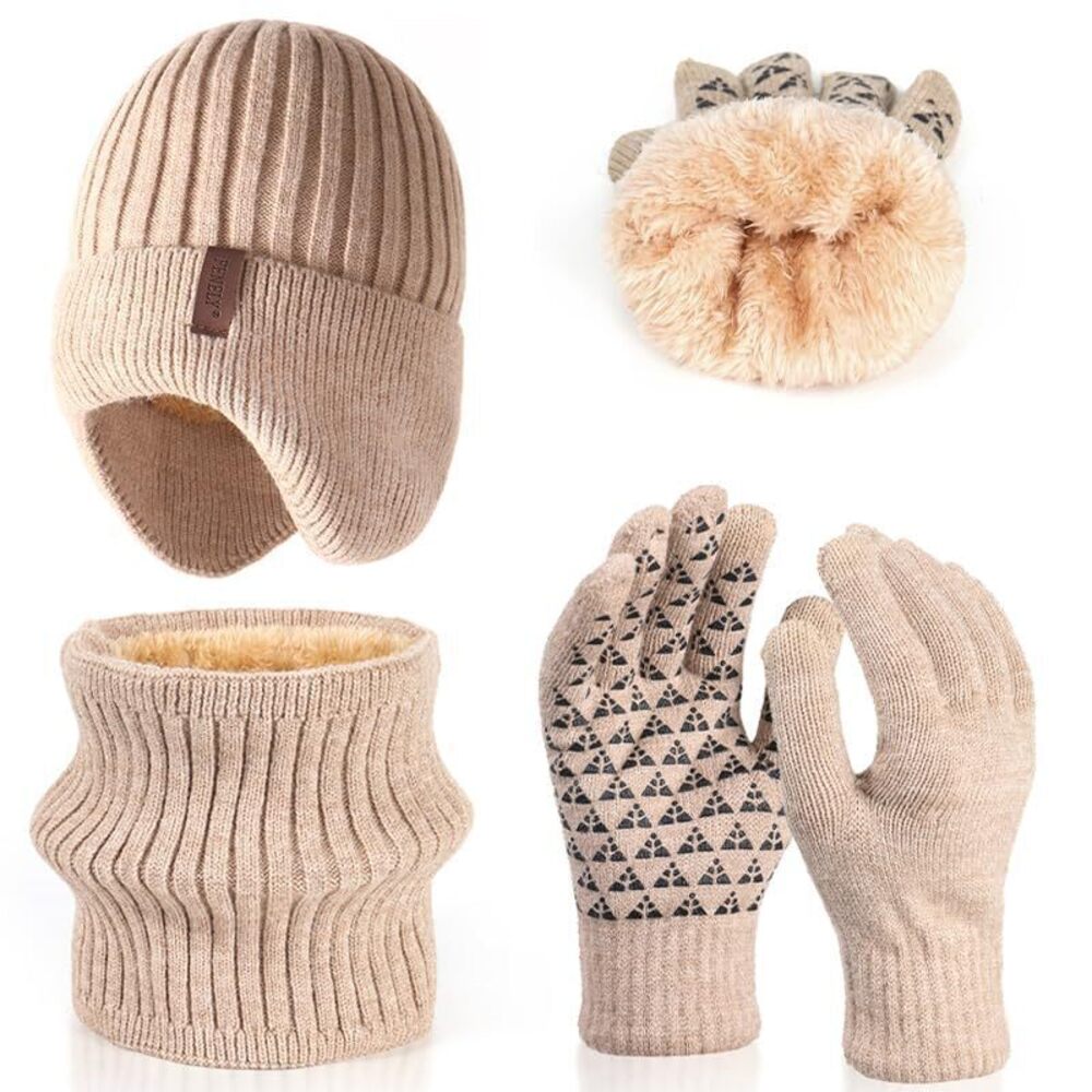 6480 Beanie Hat Scarf Touchscreen Gloves Set Winter Warm Knit Fleece Lined